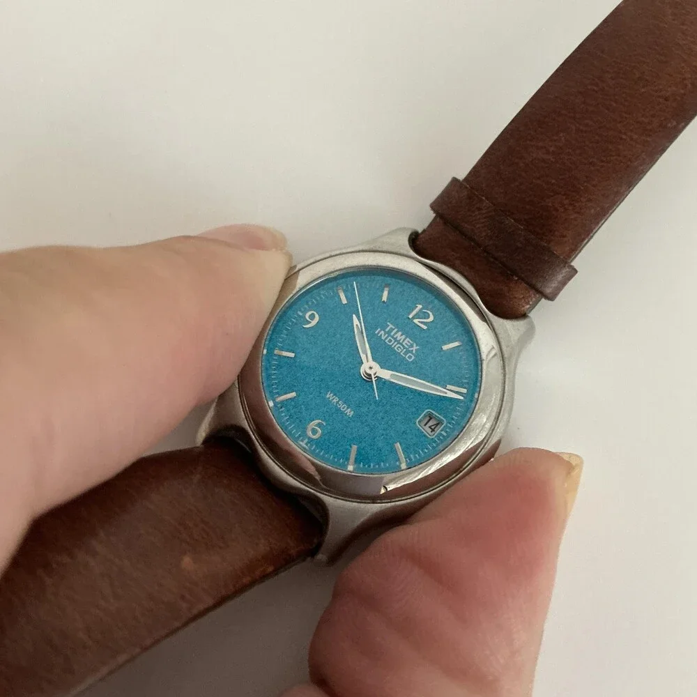 Timex Indiglo WR 50M Womens Watch 28mm Blue Dial Brown Leather New Battery